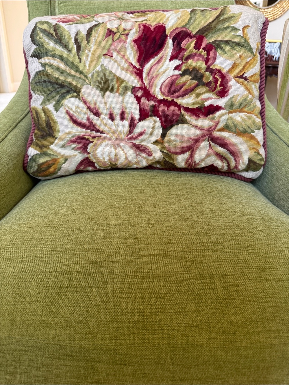 Floral needlepoint Throw Pillow in Red, Burgundy, Cream, Beige, Pink and Green